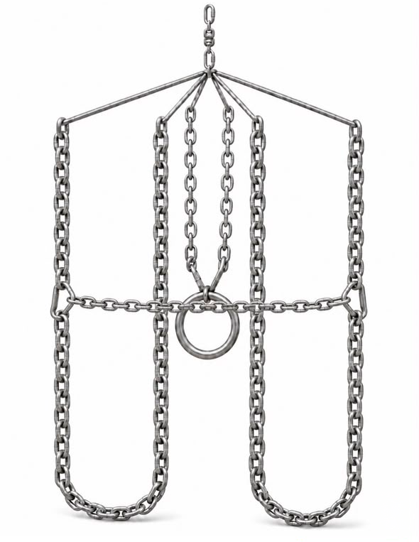 Medusa — full assembly: six continuous chain loops hung from a swivel, gathered by a central ring, with U-shaped loops at the base